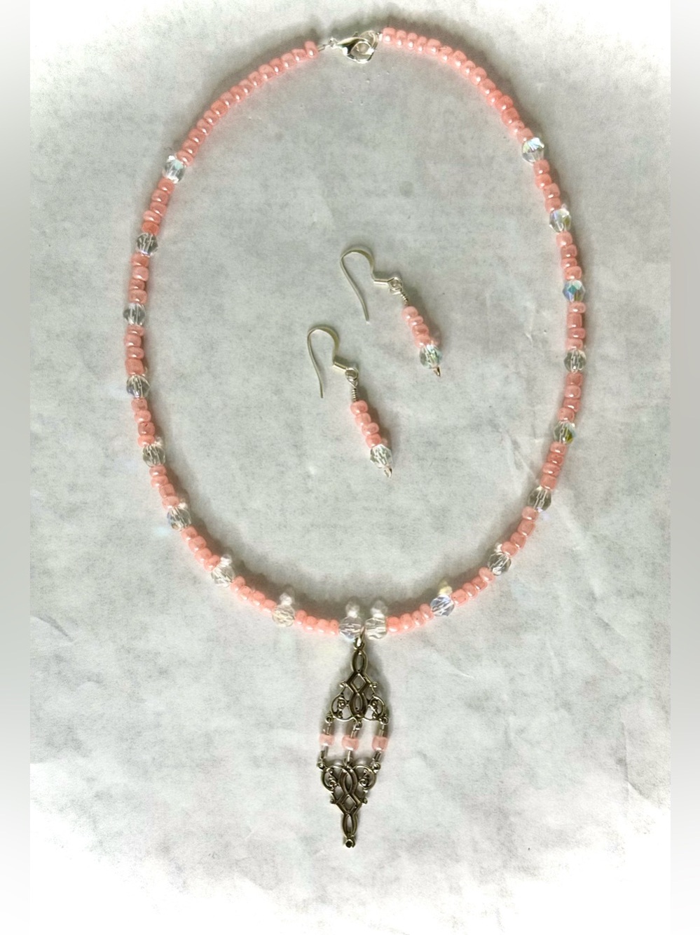Handmade Victorian Pink & Silver Necklace & Earrings Set